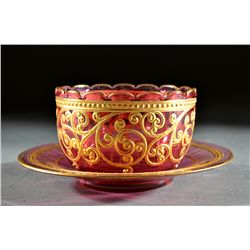 Moser Cranberry Glass Finger Bowl and Underplate
