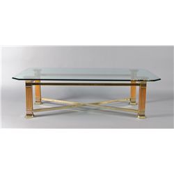 A Brass, Glass and Wood Coffee Table