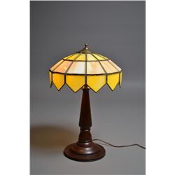 A Turned Oak Arts & Crafts Leaded Glass Lamp
