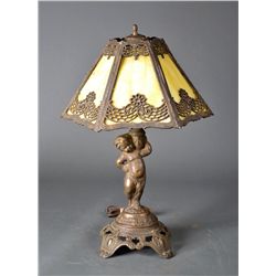 An Antique Spelter and Slag Glass Cherub Lamp
