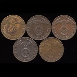 1937A/D/E/F/J Germany 1pf AU+ 5Pcs (COI-9910)