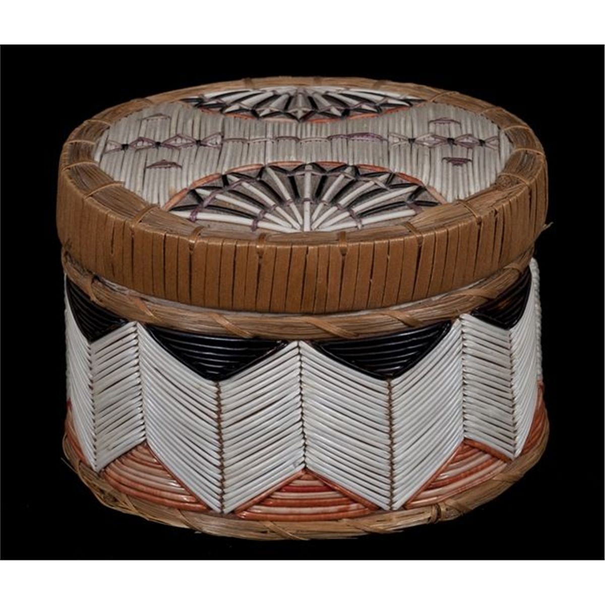 Micmac Birch Bark and Porcupine Quill Lidded Basket with Geometric