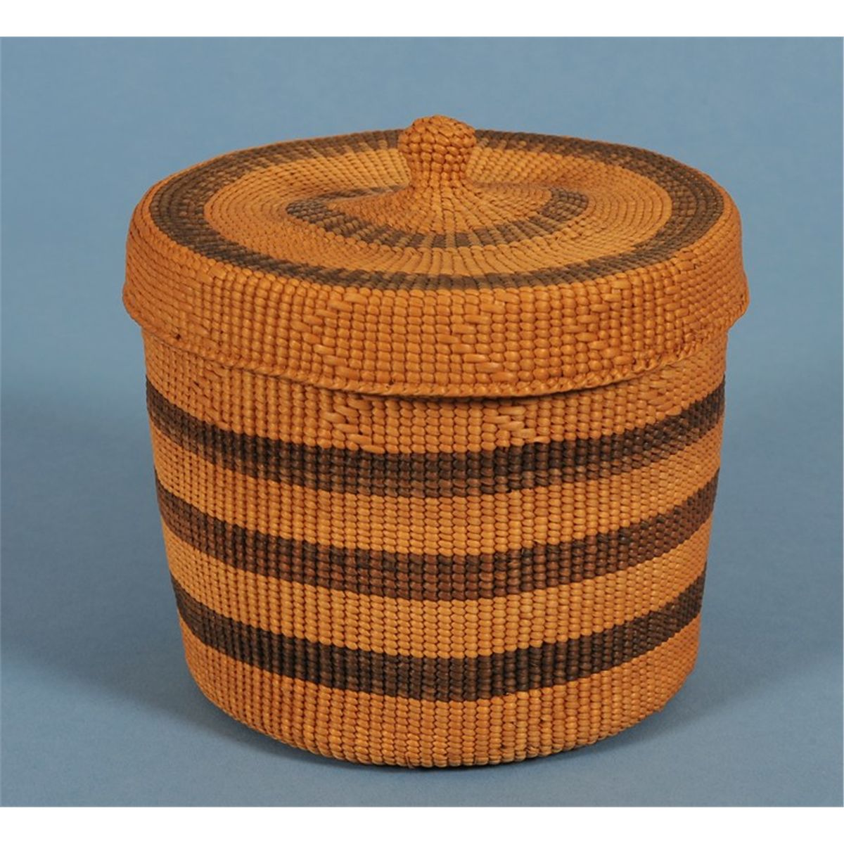 Haida Spruce Root Knob Top Basket with Banded Design 5 1/4" D. 4 1/2" H. Fine Condition