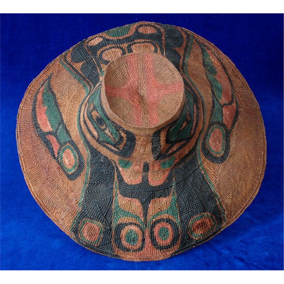 19TH C. Tlingit Spruce Root Hat with Painted Raven Design 15 1/2