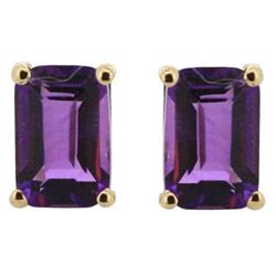 Genuine 8x6mm Emerald-Cut  Amethyst Earrings 14kt Gold-Yellow