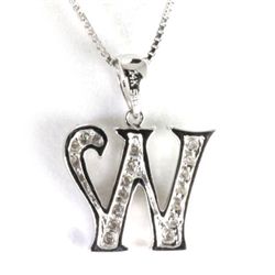 Genuine 0.14 ctw Alphabet Initial Letter W Diamond Necklace 16" 14kt Gold-White