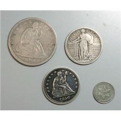 Nice type lot 1853 3 cent silver F-1856 quarter XF-1917T1 quarter F-1840 half $