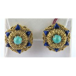 18K Yelow Gold Turquoise and Lapis Earrings