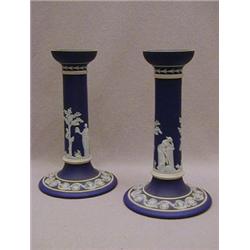 A PAIR OF WEDGWOOD BLUE JASPER DIP CANDLESTICKS