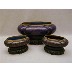 A GARNITURE OF THREE CLOISONNE OVAL BOWLS