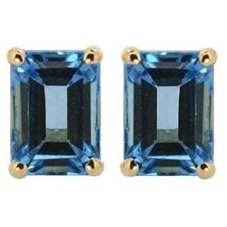 Genuine 3.80 ctw BlueTopaz  Emerald Cut  Earrings 14kt Gold-Yellow