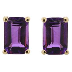 Genuine 8x6mm Emerald-Cut  Amethyst Earrings 14kt Gold-Yellow