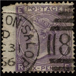 1865 RARE GB 6p Lilac Used Stamp Rare Cancel (STM-1323)