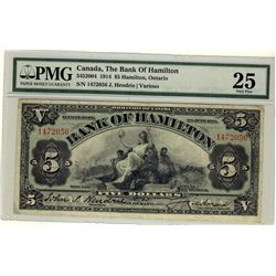 The Bank of Hamilton 1914 $5 #1472056 CH-345-20-04 PMG VF25, best example graded by PMG.