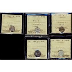 1902 5¢ AU 50, 1902H Lg H MS62, 1913 & 1920 AU58. Also includes 1944 10¢ MS63. Lot of 5 ICCS graded 