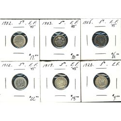 1902 5¢, 1903, 1908, 1912, 1919 & 1920. Lot of 6 coins all EF. (PBA).