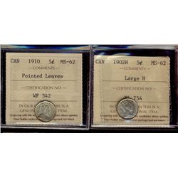 1902H LgH & 1910 Ptd 5¢ ICCS MS62. Lot of 2 coins.