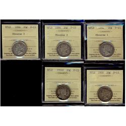 Nfld 1894 Obv 1 20¢, Obv2, 1896 Obv 2, 1900 & 1904H ICCS F15. Lot of 4 coins.