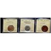 Image 1 : 1858 1¢ VF20, 1908 AU55 & 1951 5¢ Commem MS63. Lot of 3 ICCS graded coins all with comments/problems
