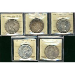 1935 $1, 1952 WL, 1963, 1966, 1967, all ICCS MS64. Lot of 5 coins.