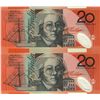 Image 1 : Australia 1997-98 $20 Uncut Sheet of 2 notes as produced by the mint.  Series #0323.