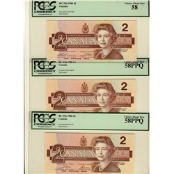 1986 $2 BC-55a AUK2251689; AUH4504020; BC-55b AUL4947940 lot of 3 notes all PCGS AU58 PPQ