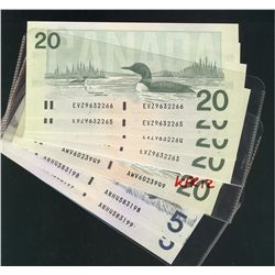 1986 $5 BC56d(2), 1991 $20 BC-58dA-i #AWV6023949 & BC-56d(4).  Lot of 7 notes all Crisp UNC. (Face $