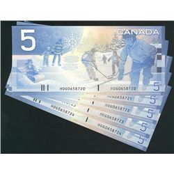 2004 $5 BC-62bA Sheet Replacement notes #HOG0658720 to 8724.  Lot of 5 crisp notes.