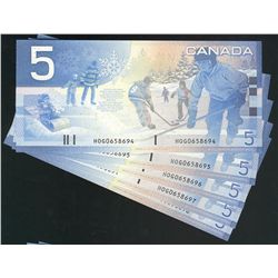 2004 $5 BC-62bA Sheet Replacement notes #HOG0658694 to 8698.  Lot of 5 crisp notes.