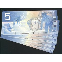 2004 $5 BC-62bA Sheet Replacement notes #HOG0658855 to 8859.  Lot of 5 crisp notes.