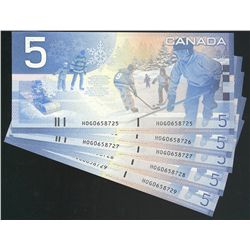 2004 $5 BC-62bA Sheet Replacement notes #HOG0658725 to 8729.  Lot of 5 crisp notes.