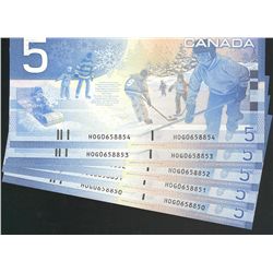 2004 $5 BC-62bA Sheet Replacement notes #HOG0658850 to 8854.  Lot of 5 crisp notes.