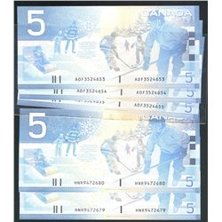 2001 $5 BC-62a #AOF3524653-4655 & BC-62bA Sheet Replacement notes#HNR9472679-80.  Lot of 5 notes all