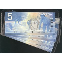 2005 $5 BC-62bA Sheet Replacement notes.  Lot includes #HOH6530993-997, HOW9858859-862, HOZ3111556-5