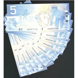 2005 $5 BC-62bA Sheet Replacement notes.  Lot Lot #HOH between 9,44 to 9,68.  Lot of 10 notes all Cr