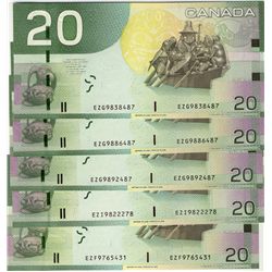2006 $20 BC-64aA-I Sheet Replacement Notes #EZG9838487, 9886487, 9892487, 9822278 & 9765431. Lot of 
