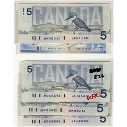 1986 $5 BC-56d RADAR notes within lots of 3 consecutive notes.  Includes #ANI6884886, #ANM7411147, A