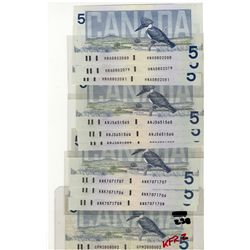 1986 $5 RADAR BC-56d & BC-56e notes within lots of 3 consecutive notes.  Includes #ANJ5651565, ANK70