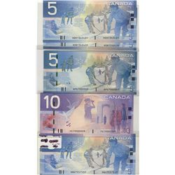 2004 $10 BC-68a-i #FET9000009, 2006 $5 BC-67a  #APG7000007, 2005 BC-62bA #HOR1342431/HOR1340431, 200