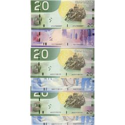 2005 $20 RADAR BC-64a(2) & 2004 $5 BC-62b(2). Two pairs of notes with identical RADAR numbers. Lot o