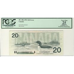 ERROR 1991 $20 BC-58b #EVU9838497 PCGS VF25.  Partial Face to Back Offset with Apparent sml edge tea
