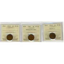 Nfld 1940 1¢ re-eng, 1941c Dbl 4 & 1941c ICCS VF20.  Lot of 3 coins.