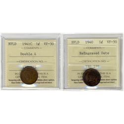 Nfld 1940 1¢ Re-eng & 1941c Dbl 4 ICCS VF30.  Lot of 2 coins.