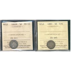 Nfld 1882H 5¢ VG10 & 1885 G6.  Lot of 2 coins.