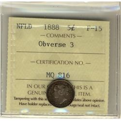 Nfld 1888 5¢ ICCS Obv 3 ICCS F15.