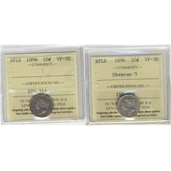 Nfld 1894 10¢ Obv 3 & 1896 ICCS VF30.  Lot of 2 coins.