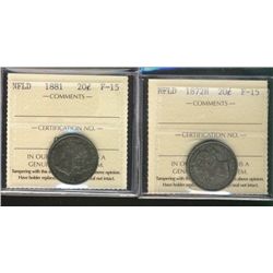 Nfld 1872H & 1881 20¢ ICCS F15.  Lot of 2 coins.