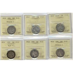 Nfld 1882H 20¢, 1885, 1894 Obv 1, 1894 Obv 2, 1899 & 1899 Hook ICCS F15. Lot of 6 coins.