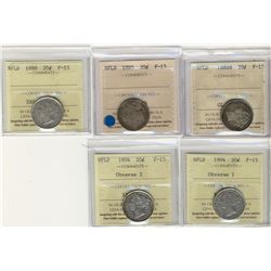 Nfld 1882H 20¢,1885, 1888, 1894 Obv 1 & 1894 Obv 2 ICCS F15.  Lot of 5 coins.