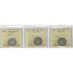 Nfld 1885 20¢, 1899 & 1899 Hook ICCS F15.  Lot of 3 coins.